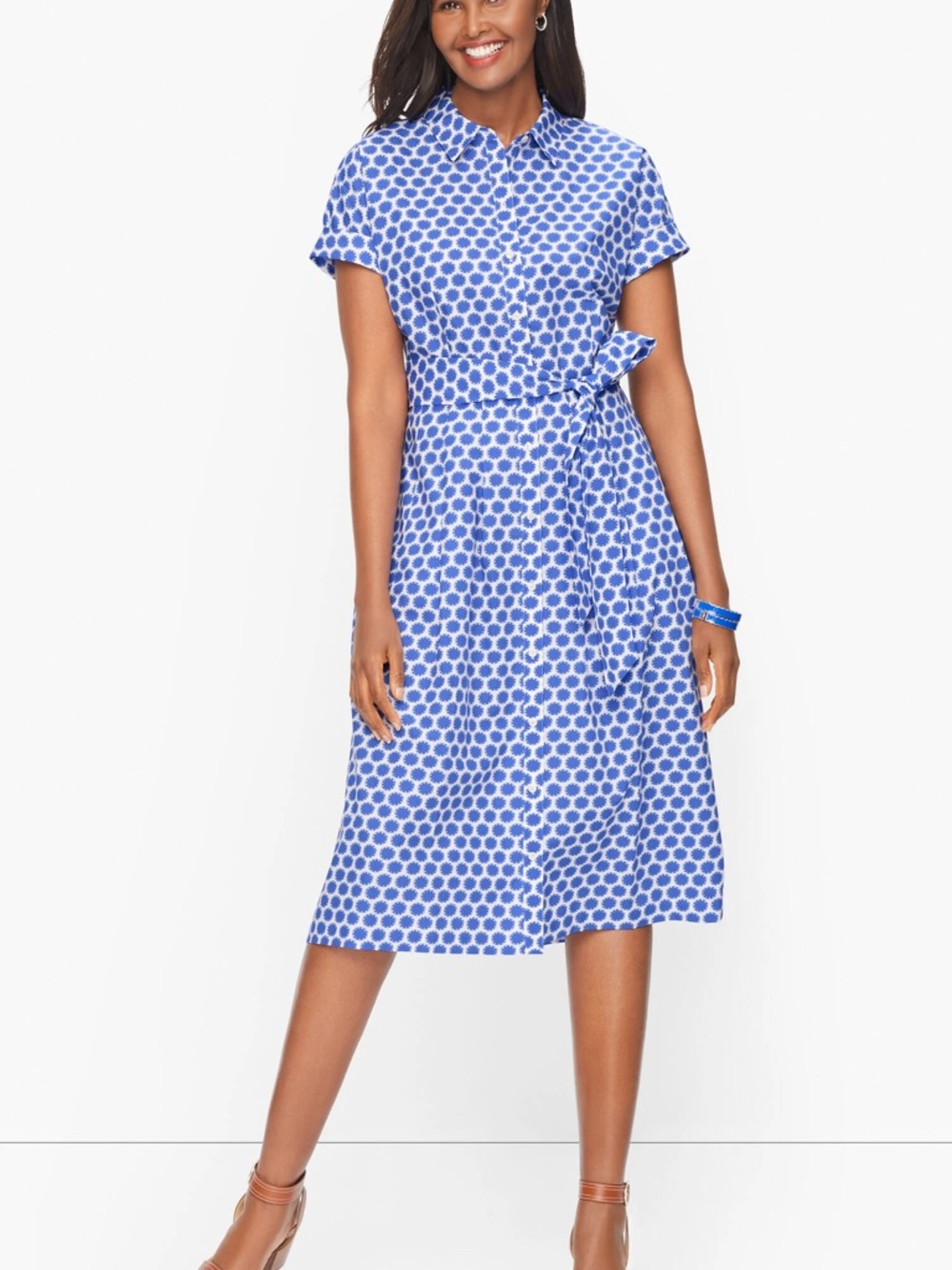 Talbots Size 18W Blue + White Dot 100% Cotton Dolman Sleeve Midi Shirtdress